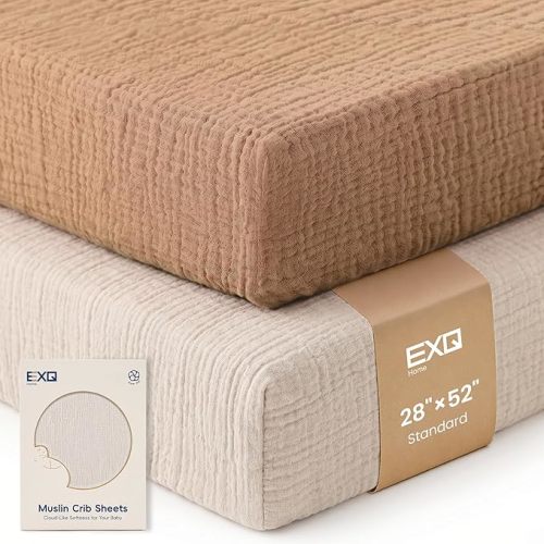 Muslin Crib Sheets for Boy Girl,2 PCS Fitted Sheet for Mattress Brown | 100% Cotton, Soft & Breathable For Hot Sleepers, Deep Pocket Fits 8"-21" Standard Mattress, Machine Washable, Size 52"x 28"