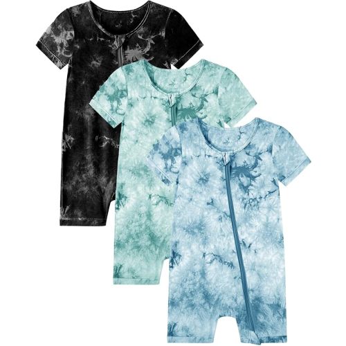 Jimonda Baby Girl Boys Rayon From Bamboo Pajamas 3 Pack Short Sleeve Footless Romper 2 Way Zipper Tie Dye Pjs Sleeper 0-24M