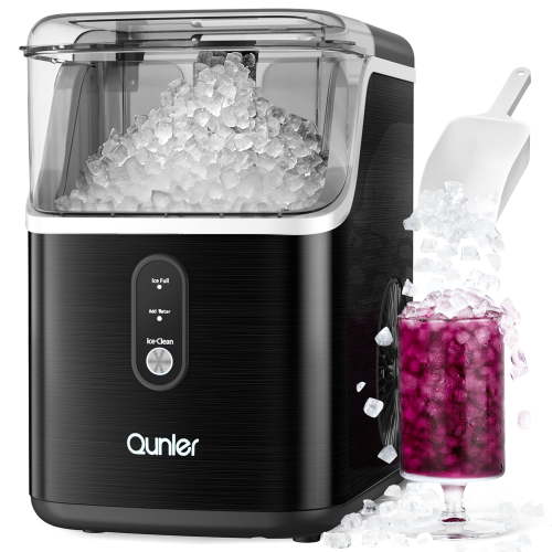 Qunler Nugget Ice Maker Countertops, 33lbs Per Day Portable Pebble ice machine, Crushed Sonic ice maker with Soft Chewable Ice for Home, Party, RV, Camping, Stainless Steel Black