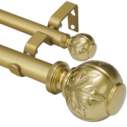 Heavy Duty Adjustable Double Curtain Rod for Windows 28 to 48 Inches – 1 Inch Diameter Decorative Rods with Maple leaf Finials & Sturdy Brackets for Living Room, Bedroom – Easy to Install, Warm Gold