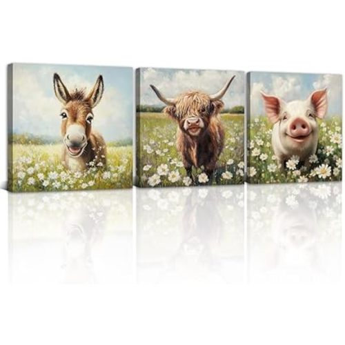 Farm Animal Wall Art Canvas Farmhouse Donkey Highland Cow Pig Pictures Cute Animal Paintings Rustic Prints for Kitchen Kid Room Nursery Decor Framed(Farm-1,12.00" x 12.00" x3Pcs)