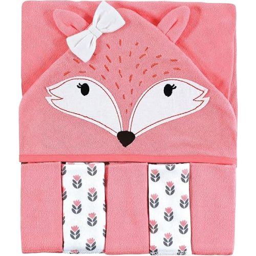 Hudson Baby Unisex Baby Hooded Towel and Five Washcloths, Girl Fox, One Size