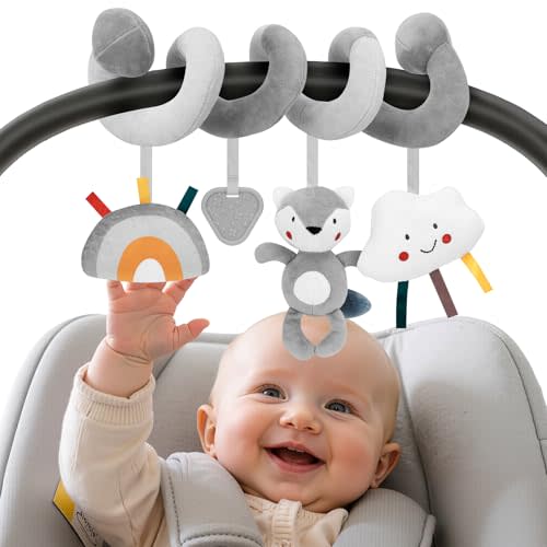 FPVERA Car Seat Toys for Babies 0-6 Months: Travel Baby Toy for Soft Hanging Toys for Carseat, Spiral Stroller Activity Toy Plush for Infant Boys Girls, Grey Fox