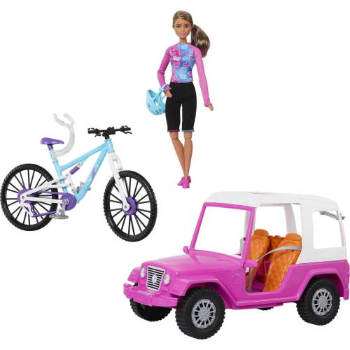 Barbie Doll, Mountain Bike, Barbie Car Bundle with Pink Jeep, Bike Rack and Helmet