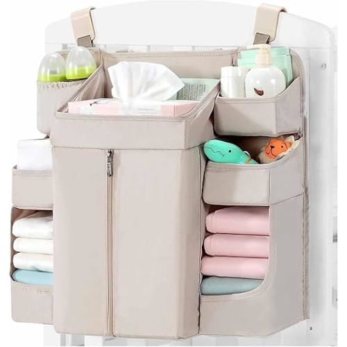 Hanging Diaper Organizer for Crib & Playard - Breathable Mesh with Multi-Pocket Storage, Holds 50+ Diapers Essentials Portable Nursery Caddy (Beige,14 x 50 x 58cm)