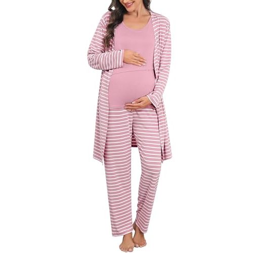 SWOMOG Maternity Nursing Robe Set 3 PCS Postpartum Breastfeeding Pajamas Lounge Hospital Pregnancy Pjs with Robe