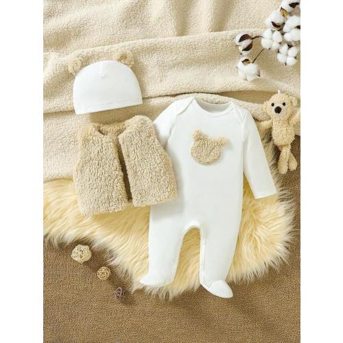 Baby Girl Bear Patched Teddy Vest Jacket & Footed Jumpsuit & Hat PJ Set | SHEIN USA