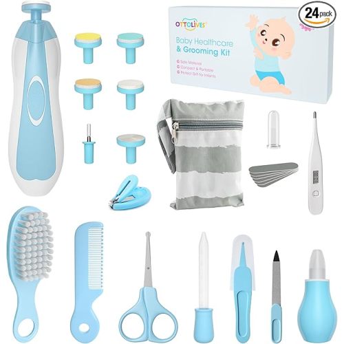 OTTOLIVES Baby Healthcare and Grooming Kit, 24 in 1 Baby Electric Nail Trimmer Set Newborn Nursery Health Care Set for Newborn Infant Toddlers Baby Boys Girls Kids Haircut Tools (0-3 Years+) (Blue)