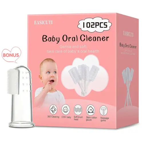 102PCS Baby Tongue Cleaner, Newborn Baby Oral Cleaner, Disposable Infant Gum Cleaner, Gauze Dental Care for 0-36 Months + 1 Finger Toothbrush with Case