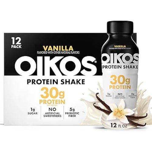 Oikos Protein Shake, Vanilla, 30g High Protein Drinks, Shelf Stable, Ready to Drink, 5g Prebiotic Fiber, 12 fl oz Bottle, 12 Count​