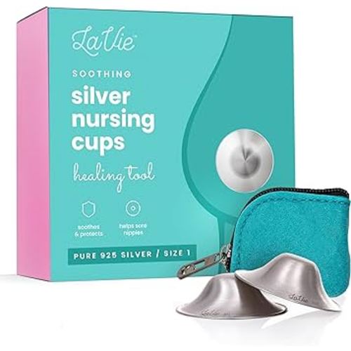 LaVie Silver Nursing Cups, Soothing Protection for Nursing Nipples of Newborns, Calming Relief for Breastfeeding Moms, 925 Silver Nipple Covers All Natural (Size 1)
