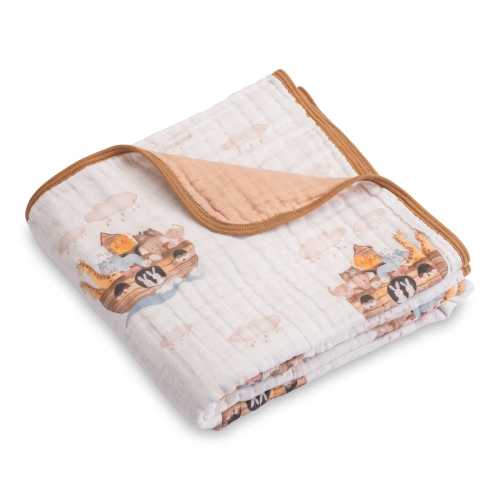 LollyBanks Muslin Baby Quilt, 6 Layer Cotton Baby Blanket 47"x47", Lightweight Crib Blanket, Nursery Bedding (Noah's Ark Pattern)