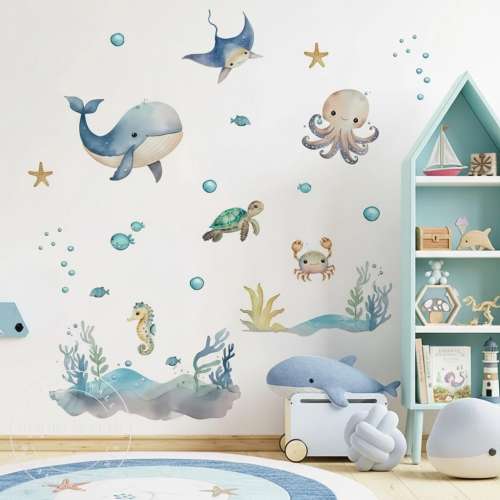 Boho Nursery OCEAN Sealife Nursery Wall Decal, Whale Fish Turtle Wall Decals, Boho Nursery Wall Decal Sticker, REMOVEABLE Wall Decal Sticker