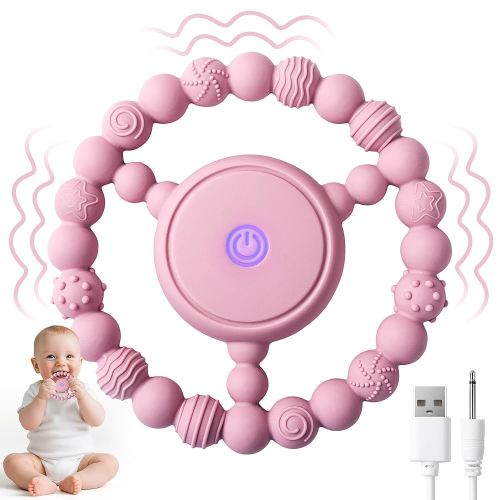 Vibrating Teething Toy with 3D Multi-Texture, Food-Grade Silicone Sensory Chew Toy for Autism Kids and Baby 3-18 Months, Baby Teething Ring for Teething Relief, Light Pink