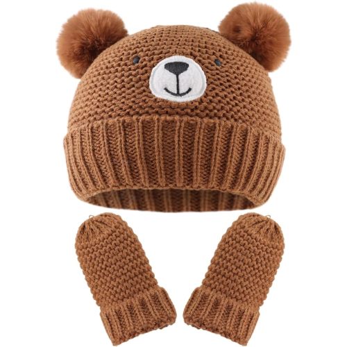 Cute Bear Baby Beanie Pompom Baby Hat Mittens Set Infant Toddler Beanie for Boys Girls