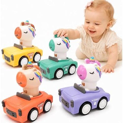 Press and Go Car Toys for Baby Girls, 4 Pack Unicorn Vehicles