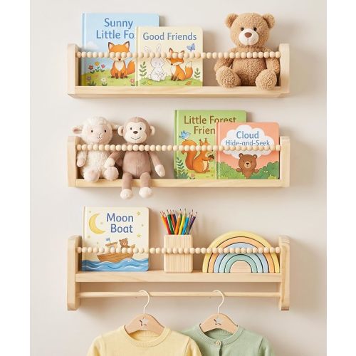 Nursery Shelves for Wall Set of 3, Natural Wood Floating Shelves