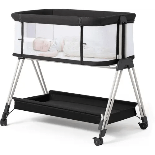 Fodoss Baby Bassinet Bedside Sleeper with Wheels and Storage Tray,4-Sided Mesh Bedside Bassinet for Infant/Newborn,7 Height Adjustable Easy Folding Bedside Crib