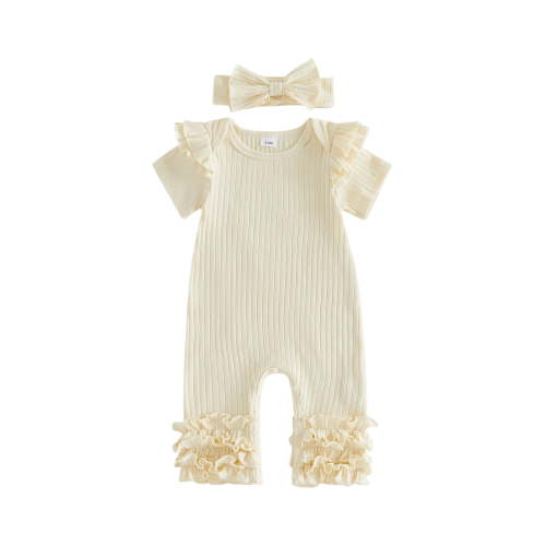 BemeyourBBs Preemie Baby Girl Spring Summer Fall Clothes Baby Girl Newborn Hospital Going Home Outfit Ribbed Romper Solid Color Ruffled Short Sleeve Full Length Jumpsuit with Bow Headband