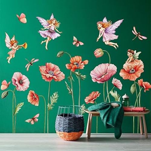 Enchanted Pink Poppy Wall Stickers Watercolor Floral Wall Decals with Fairies, Butterflies & Dragonflies - Removable DIY Peel and Stick Flower Wall Art for Girls Bedroom, Nursery, Living Room Decor