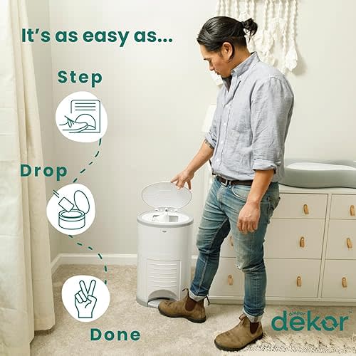 Diaper Dekor Plus Hands-Free Diaper Pail | Largest & Easiest to Use | Just Step–Drop–Done | Doesn’t Absorb Odors | Quick Bag Change | Great for Cloth Diapers | 70% Recycled Materials | EKO White