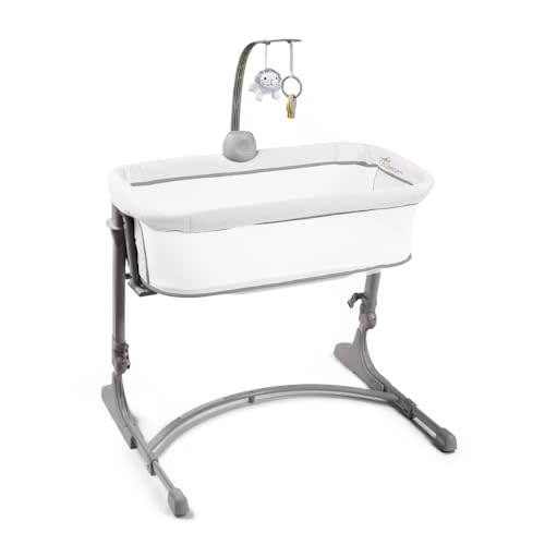 Arm’s Reach Versatile Co-Sleeper Bedside Bassinet Featuring Height-Adjustable Legs with Adjustable Feet, Mobile with Plush Hanging Toy, and Music Box with 5 Tunes, Ivory/Gray w/Quilting