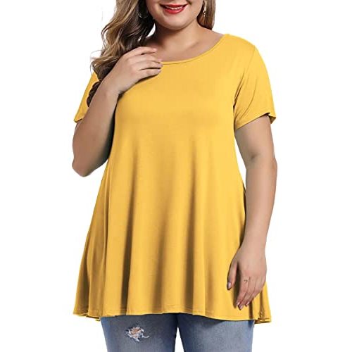 MONNURO Womens Short Sleeve Casual Loose Fit Flare Swing Tunic Tops Basic T-Shirt Plus Size