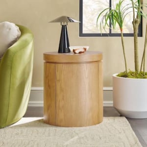 Maya 18 in. White Oak Modern Round MDF and Solid Oak Wood Veneer End Table with Hidden Storage