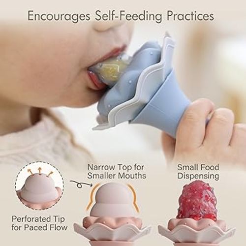 Moonkie Baby Fruit Feeder with Freezer Tray, BPA Free Silicone Food Feeder for Infant Self Feeding, Breastmilk Popsicle Molds, Mesh Feeder with Two Pouches, Baby Shower Gifts 4 Months+, 2 Pack