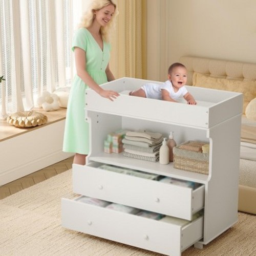 COZONY Baby Changing Table Dresser with 2 Drawers & Open Storage, Modern Nursery Diaper Station for Bedroom/Kids Room