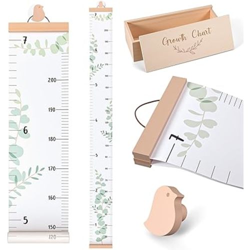 Height Growth Chart Wall for Kids with Wooden Keepsake Box & Hook 7 ft Children Height Measurement Canvas Measure Ruler Baby Growth Tracker Board Removable Nursery Wall Decor(Bird)