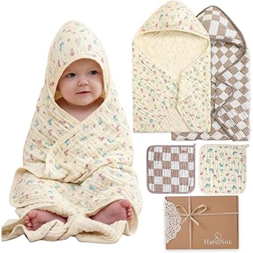 Muslin Baby Towel Set, 4-Piece Newborn Gift with 2 Bath & 2 Washcloths, Baby Shower Ready, Warm-Toned Earthy Botanicals Theme, 32" X 32"