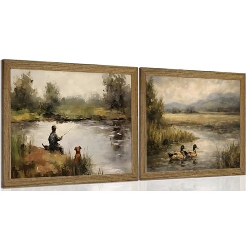 Cymkova Vintage Wall Art Set of 2, Rustic Boy Fishing Mallard Duck Oil Paintings Wall Decor, Wildlife Nature Pond Canvas Prints Pictures for Living Room Bedroom Office Rustic Decor 12x16 inch