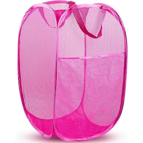 DUCOO Pop Up Laundry Hamper, 70L Collapsible Mesh Laundry Basket with Side Pocket, Foldable Dirty Clothes Hamper with Sturdy Reinforced Handles for Home Dorm Bedroom Travel Bathroom Storage, Pink