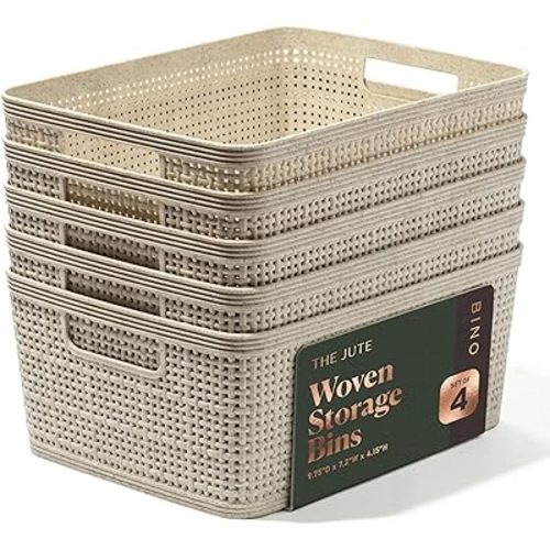 BINO | Woven Plastic Basket | Small (Natural), 5-Pack | THE JUTE COLLECTION | Home Organization, Space - Saving Storage, Stylish Design | Jute Basket | Plastic Storage Basket