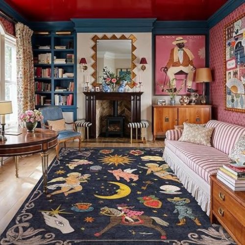 8x10 Celestial Sun Moon Unique Moody Astral Navy Soft Washable Area Rug