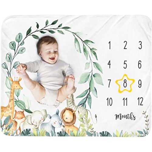 Baby Monthly Milestone Blanket Boy - Jungle Animals Newborn Month Blanket Neutral Safari Personalized Shower Gift Eucalyptus Leaf Wreath Nursery Decor Photography Background Prop with Frame 51''x40''