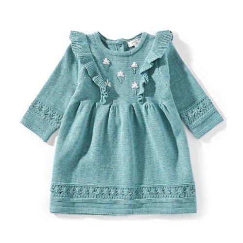 Purebaby Baby Girls Long-Sleeve Primrose Eyelet-Embroidered Wool-Blend Knitted Dress