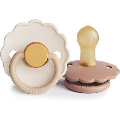 FRIGG Daisy Natural Rubber Baby Pacifier | Made in Denmark | BPA-Free (Chamomile/Peach Bronze, 0-6 Months) 2-Pack