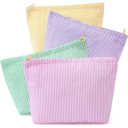 Sanwuta 4 Pcs Seersucker Cosmetic Bag Seersucker Makeup Bag Women Stripe Large Travel Toiletry Organizer Preppy Storage Pouch for Wedding Bridesmaid Bride Mom (Pink, Green, Yellow, Purple)