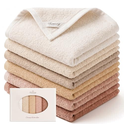 Konssy 6-Pack 100% Cotton Terry Face Cloths, Soft Wash Cloths for Women | 12" x 12", Absorbent & Reusable Facial Towels for Makeup Removal, Cloth for Washing Face, Hanging Loop, for Sensitive Skin