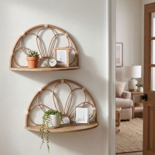 Modern Half-Moon Wall Mounted Organizer Shelves for Home Decor - Elegant Boho Metal and Wood Hanging Storage for Entryway - Set of 2, 13", 11", Brown
