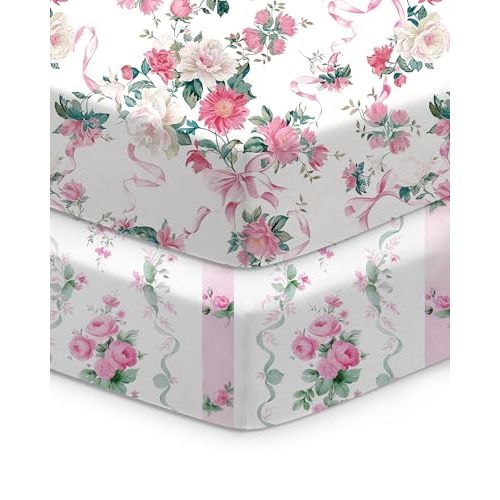 TotChill Baby Crib Sheets for Standard Crib Mattress - Pink Roses Pattern, Breathable and Soft, Safe and Snug, Fits 28''x52''x9'' Deep Pocket