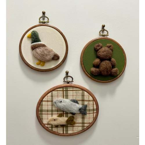 At the Lake Hunting and Fishing - Mallard Duck, Trout and Teddy Bear Felted, Framed Nursery Wall Art and Decor