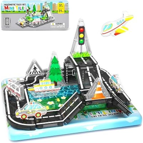 Road Mini Magnetic Tiles with Case Travel Toys for 3+ Year Old Boys Girls