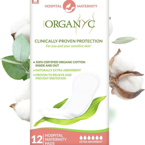 Organyc Hospital Postpartum Pads, 100% Certified Organic Cotton Inside and Out for Women, for First Days After Delivery, 12 Counts