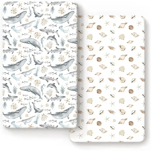 GRSSDER Stretchy Ultra Soft Jersey Knit Fitted Crib Sheets Set 2 Pack, Fit All Standard Crib Mattresses Safe and Snug, Beautiful Marine Organism for Boys and Girls, Shell