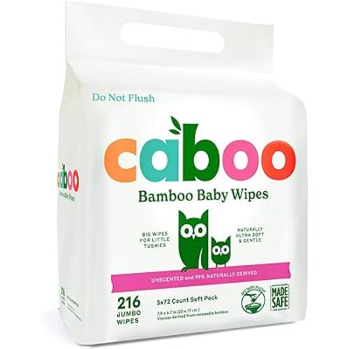 Caboo Baby Wipes, Made with Bamboo Viscose, Certified Made Safe Ingredients, Unscented Baby Wipes Good for Sensitive Skin, 72 Wipes Per Travel Pack, Total of 216 Wet Wipes