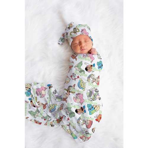 Personalized Disney Swaddle set hat, custom name Newborn going home swaddle, boys hospital reveal, toy story swaddle