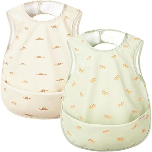 KeaBabies Waterproof Bibs for Baby Girl,Boy – 2-Pack Lightweight, Large Baby Bibs for Eating, Wearable Food Catcher, 6-12 Months Infant Feeding Essentials, Smock for Toddlers 1-3, Kids (Roarsome)